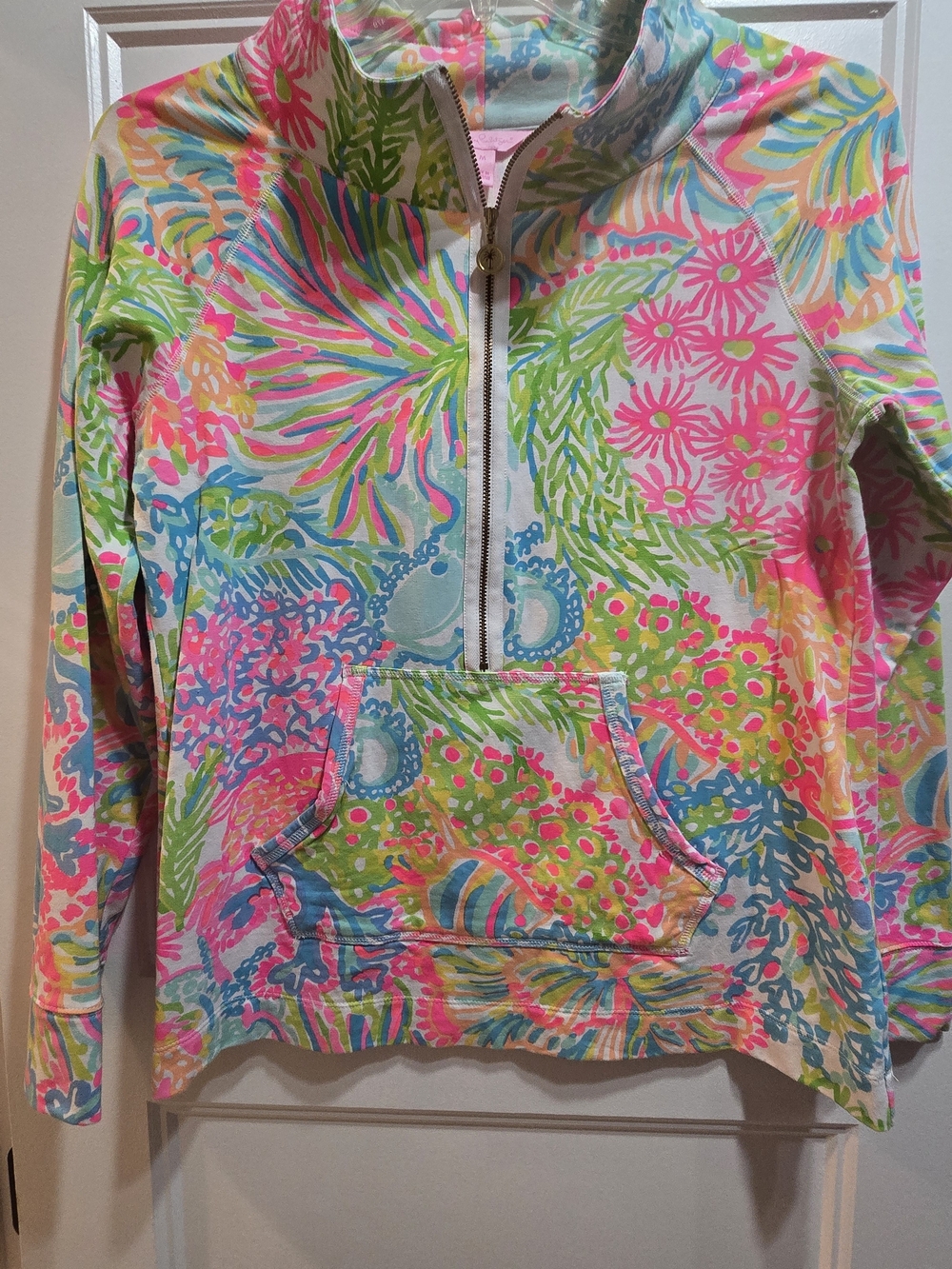 Lilly Pulitzer Womens Popover Neon Floral Half-Zip- Pink, Green, Blue Size M